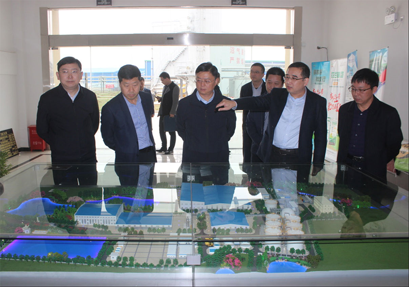 陈勇总经理在沙盘前向李涛副书记(前排中)介绍项目情况